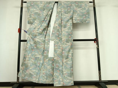 平和屋着物▽上質な紬 単衣 風景文 正絹 逸品 AABG7006jh