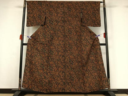 平和屋着物▽上質な紬 単衣 更紗花鳥文 黒地 正絹 逸品 AABG7011jh