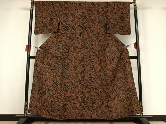 平和屋着物▽上質な紬 単衣 更紗花鳥文 黒地 正絹 逸品 AABG7011jh