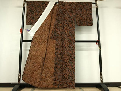 平和屋着物▽上質な紬 単衣 更紗花鳥文 黒地 正絹 逸品 AABG7011jh