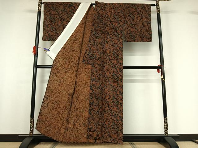 平和屋着物▽上質な紬 単衣 更紗花鳥文 黒地 正絹 逸品 AABG7011jh