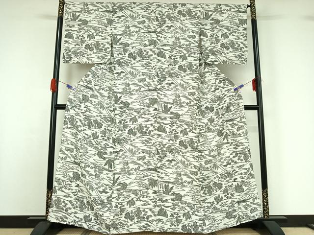 平和屋着物▽上質な小紋 単衣 型染め 風景松竹梅文 正絹 逸品 AABG7012jh