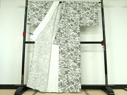 平和屋着物▽上質な小紋 単衣 型染め 風景松竹梅文 正絹 逸品 AABG7012jh