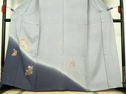 平和屋着物▽訪問着 単衣 駒刺繍 草花文 暈し染め 金彩 正絹 逸品 AABG7013jh