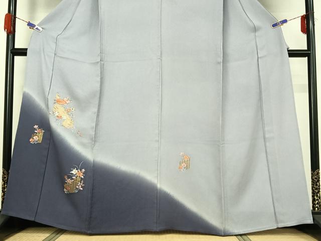 平和屋着物▽訪問着 単衣 駒刺繍 草花文 暈し染め 金彩 正絹 逸品 AABG7013jh