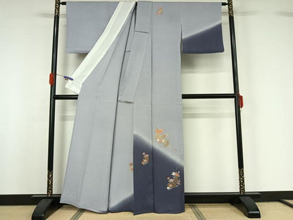 平和屋着物▽訪問着 単衣 駒刺繍 草花文 暈し染め 金彩 正絹 逸品 AABG7013jh
