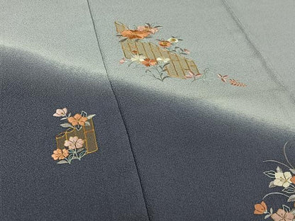 平和屋着物▽訪問着 単衣 駒刺繍 草花文 暈し染め 金彩 正絹 逸品 AABG7013jh