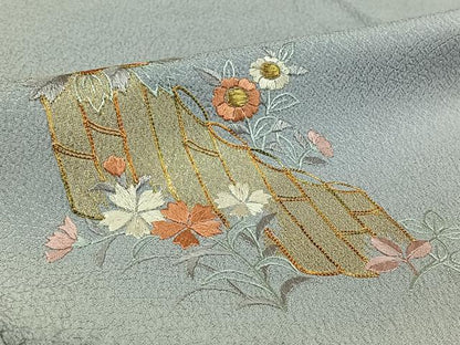 平和屋着物▽訪問着 単衣 駒刺繍 草花文 暈し染め 金彩 正絹 逸品 AABG7013jh