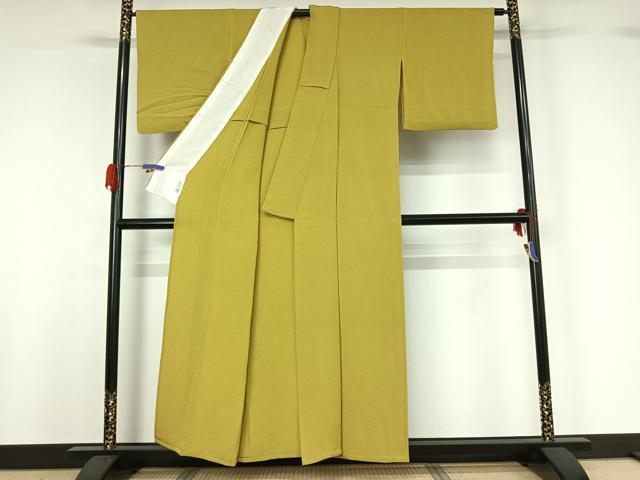 平和屋着物▽上質な色無地 単衣 鶸色 鬼しぼ縮緬 正絹 逸品 AABG7014jh