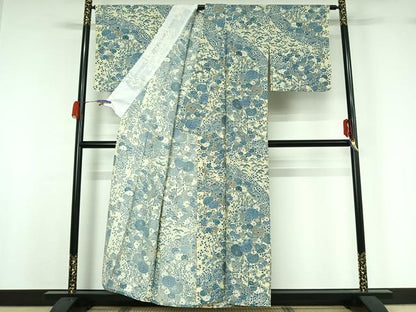 平和屋着物▽上質な小紋 単衣 草花文 正絹 逸品 AABG7017jh