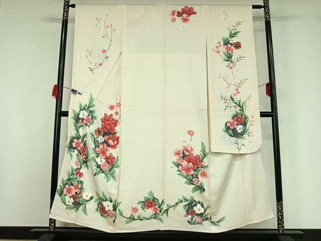 平和屋着物▽豪華振袖 単衣 手描き 草花文 正絹 逸品 AABG7021jh
