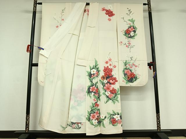 平和屋着物▽豪華振袖 単衣 手描き 草花文 正絹 逸品 AABG7021jh