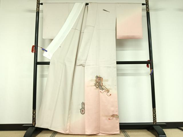 平和屋着物▽訪問着 単衣 総刺繍 御所車花文 暈し染め 金糸 金彩 正絹 逸品 AABG7022jh