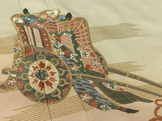 平和屋着物▽訪問着 単衣 総刺繍 御所車花文 暈し染め 金糸 金彩 正絹 逸品 AABG7022jh