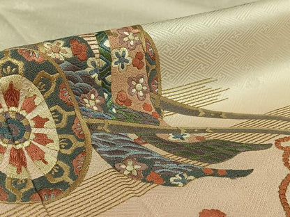 平和屋着物▽訪問着 単衣 総刺繍 御所車花文 暈し染め 金糸 金彩 正絹 逸品 AABG7022jh