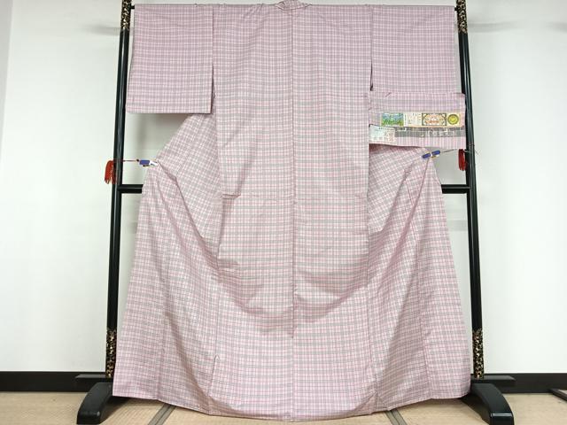 平和屋着物▽本場縞大島紬 単衣 薩摩草木染 格子 正絹 逸品 AABG7026jh