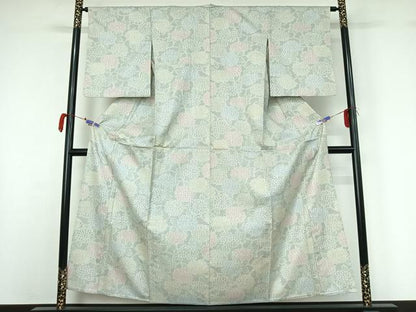 平和屋着物▽上質な紬 単衣 草花文 正絹 逸品 AABG7027jh