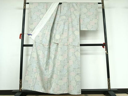 平和屋着物▽上質な紬 単衣 草花文 正絹 逸品 AABG7027jh
