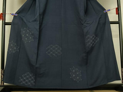 平和屋着物▽訪問着 単衣 紬地 総刺繍 刺し子刺繍 麻の葉文様 正絹 逸品 AABG7029jh