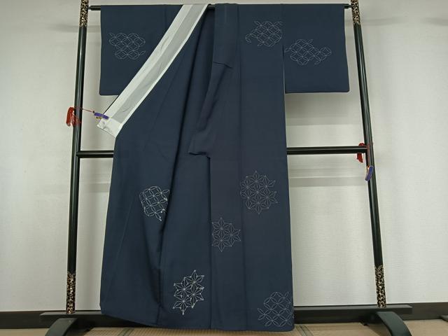 平和屋着物▽訪問着 単衣 紬地 総刺繍 刺し子刺繍 麻の葉文様 正絹 逸品 AABG7029jh