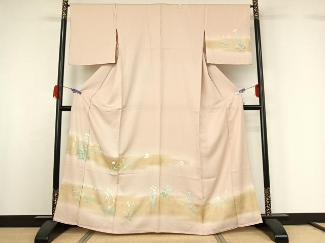 平和屋着物▽訪問着 単衣 花蝶文 暈し染め 銀彩 正絹 逸品 AABG7035jh