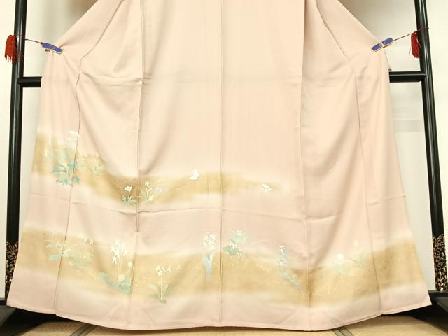 平和屋着物▽訪問着 単衣 花蝶文 暈し染め 銀彩 正絹 逸品 AABG7035jh