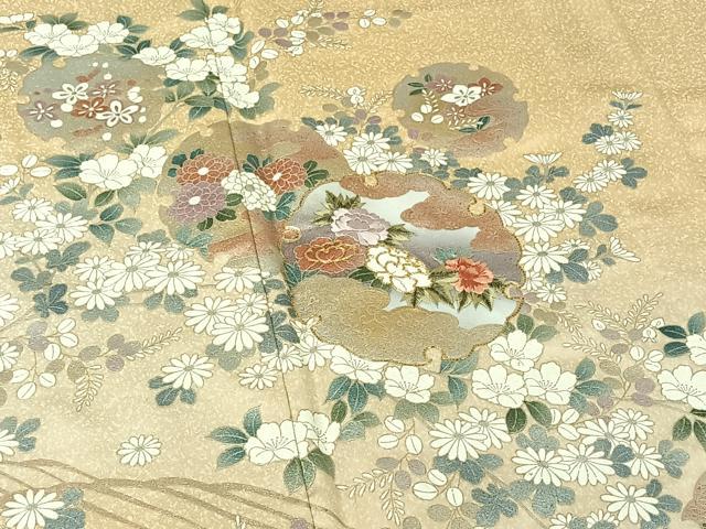 平和屋着物▽訪問着 単衣 駒刺繍 雪輪花文 金彩 正絹 逸品 AABG7036jh