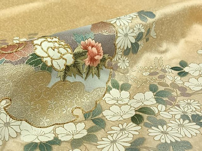 平和屋着物▽訪問着 単衣 駒刺繍 雪輪花文 金彩 正絹 逸品 AABG7036jh