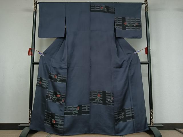 平和屋着物▽訪問着 単衣 刺繍 横段花文 正絹 逸品 AABG7038jh