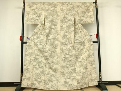 平和屋着物▽上質な紬 単衣 草花文 正絹 逸品 AABG7046jh