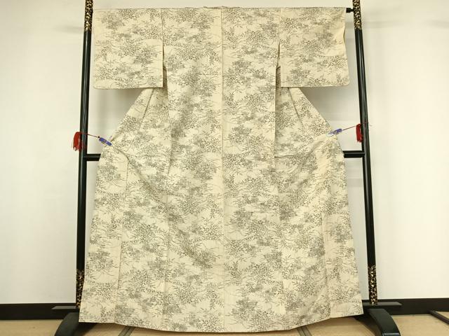 平和屋着物▽上質な紬 単衣 草花文 正絹 逸品 AABG7046jh