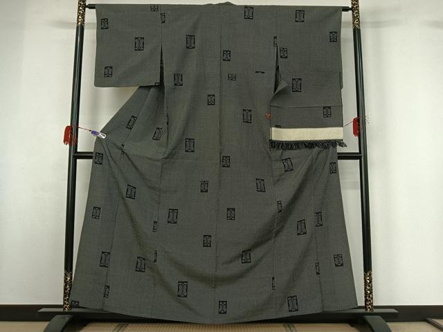 平和屋着物▽本塩沢 単衣 110亀甲 遠州椿 黒地 反端付き 正絹 逸品 AABG7053jh
