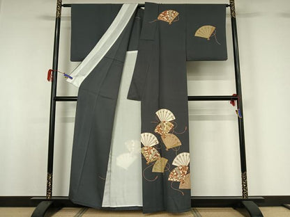 平和屋着物▽訪問着 単衣 駒刺繍 扇面花文 正絹 逸品 AABG7060jh
