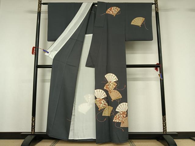平和屋着物▽訪問着 単衣 駒刺繍 扇面花文 正絹 逸品 AABG7060jh