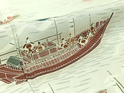 平和屋着物▽訪問着 単衣 人物風景文 船 正絹 逸品 AABG7062jh