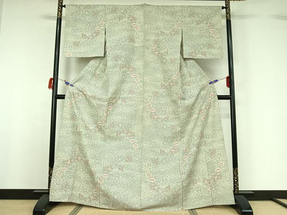 平和屋着物▽上質な紬 単衣 草花文 正絹 逸品 AABG7063jh