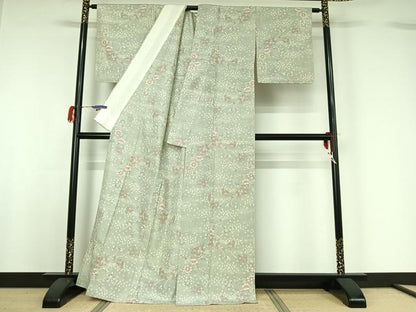 平和屋着物▽上質な紬 単衣 草花文 正絹 逸品 AABG7063jh