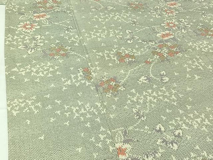 平和屋着物▽上質な紬 単衣 草花文 正絹 逸品 AABG7063jh