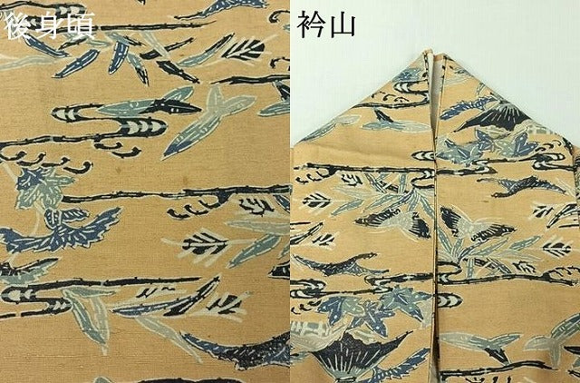 平和屋着物▽上質な紬　単衣　型染め　流水花蝶文　正絹　逸品　AABG7066jh