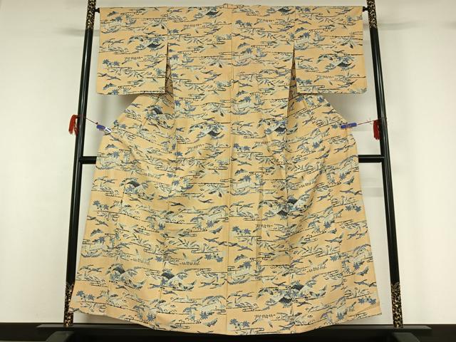 平和屋着物▽上質な紬　単衣　型染め　流水花蝶文　正絹　逸品　AABG7066jh