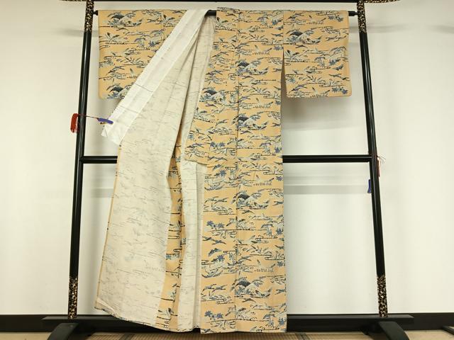 平和屋着物▽上質な紬　単衣　型染め　流水花蝶文　正絹　逸品　AABG7066jh