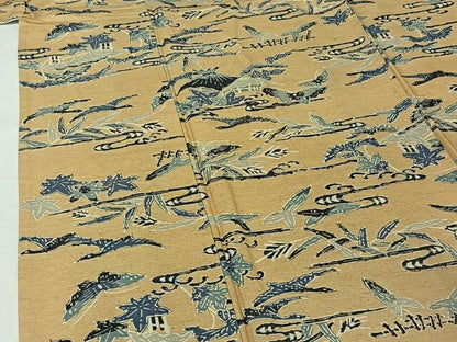 平和屋着物▽上質な紬　単衣　型染め　流水花蝶文　正絹　逸品　AABG7066jh