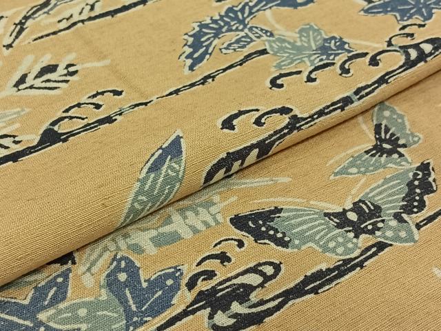 平和屋着物▽上質な紬　単衣　型染め　流水花蝶文　正絹　逸品　AABG7066jh