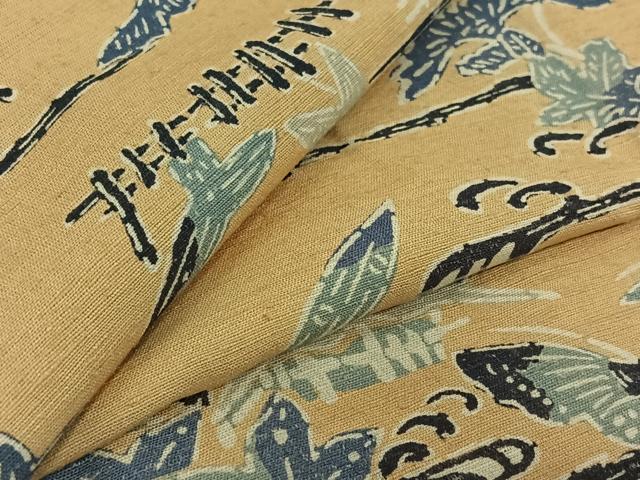平和屋着物▽上質な紬　単衣　型染め　流水花蝶文　正絹　逸品　AABG7066jh