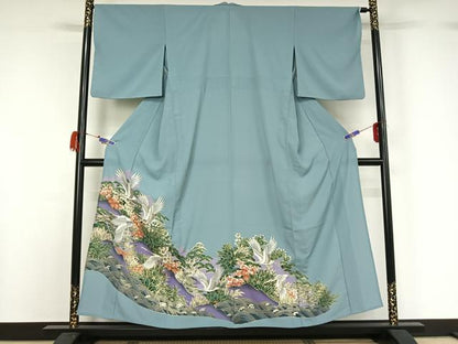 平和屋着物▽色留訪問着 単衣 飛鶴松竹梅 金彩 洗える着物 AABG7070jh