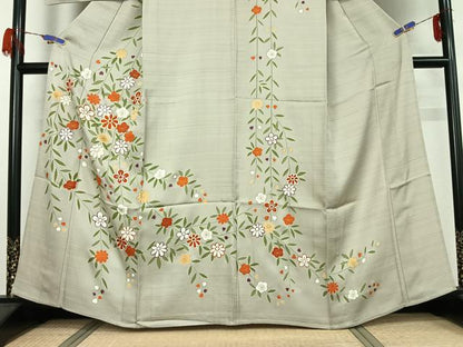 平和屋着物▽訪問着 単衣 駒刺繍 草花文 金彩 正絹 逸品 AABG7071jh