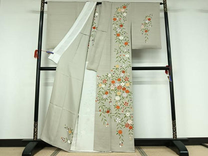 平和屋着物▽訪問着 単衣 駒刺繍 草花文 金彩 正絹 逸品 AABG7071jh