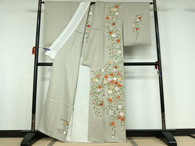 平和屋着物▽訪問着 単衣 駒刺繍 草花文 金彩 正絹 逸品 AABG7071jh