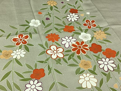 平和屋着物▽訪問着 単衣 駒刺繍 草花文 金彩 正絹 逸品 AABG7071jh