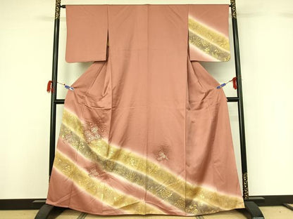 平和屋着物▽中国三大刺繍　汕頭刺繍　スワトウ刺繍　訪問着　単衣　松皮菱花文　暈し染め　金彩　正絹　逸品　AABG7078jh